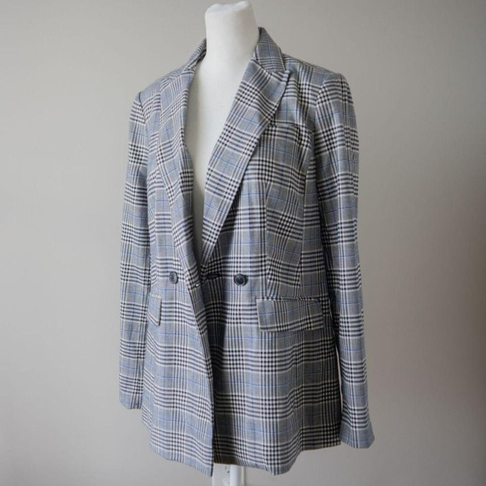 Talbots Plaid Academia Preppy Blue Gray Double Breasted "Glen" Women's Blazer